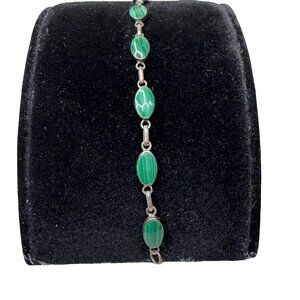 Vintage 925 Sterling Silver Malachite Link Tennis Bracelet 7" Oval Green Estate